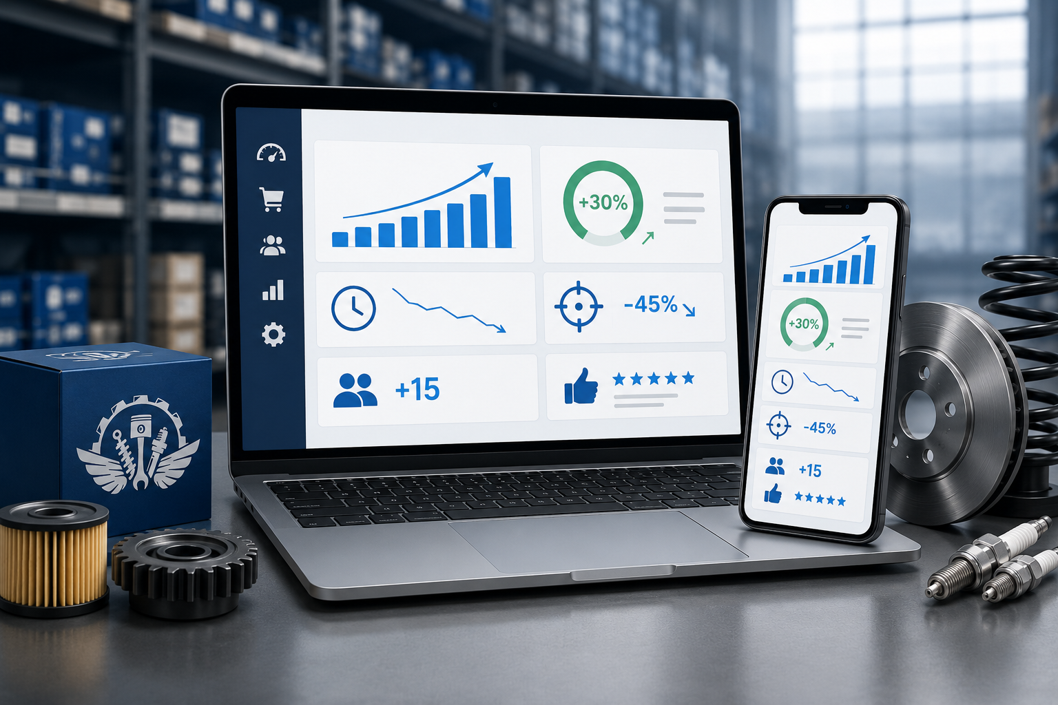 AUTOHUB afișând rezultatele după digitalizare: vânzări +30%, erori -45%, clienți B2B noi +15, satisfacție ridicată