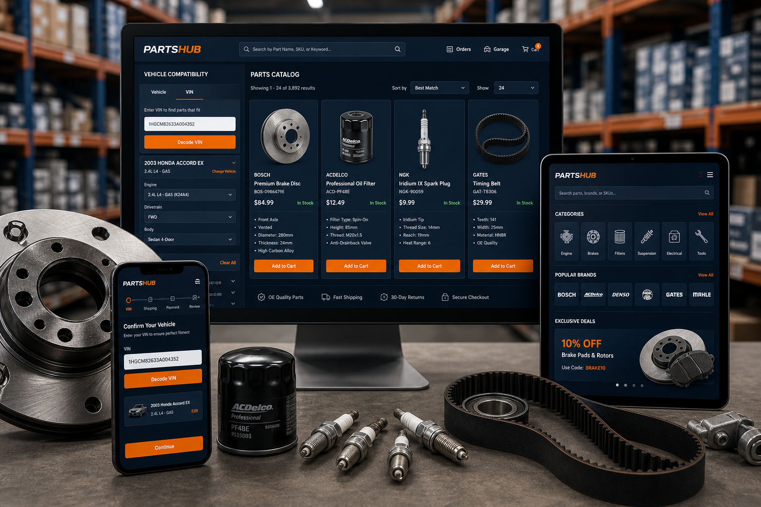 Interfața magazinului de piese auto cu catalog TecDoc pe desktop, tabletă și telefon