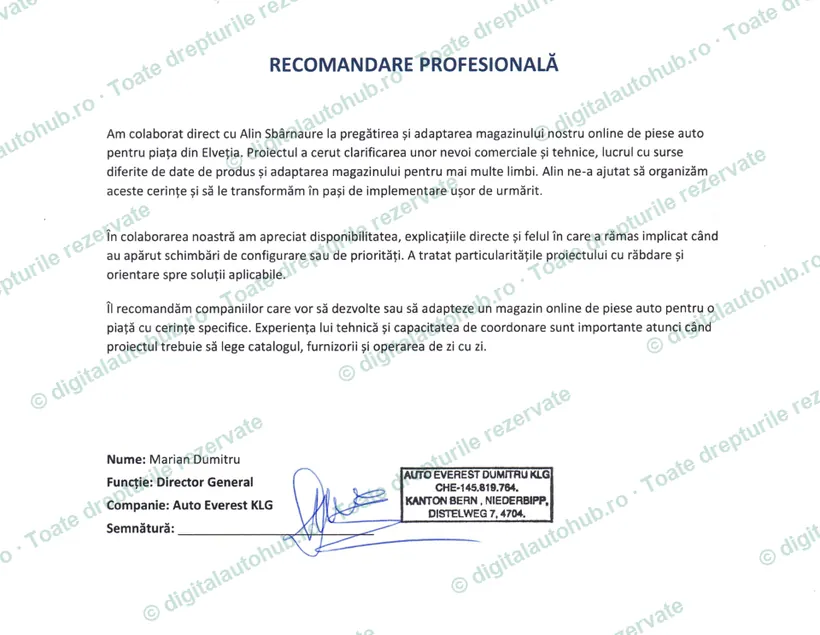 Recomandare profesională semnată de Marian Dumitru, Director General Auto Everest KLG