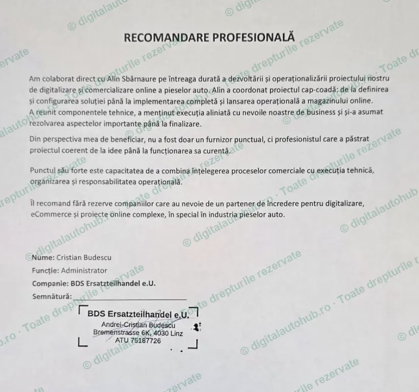 Recomandare profesională semnată de Cristian Budescu, Administrator BDS Ersatzteilhandel e.U.